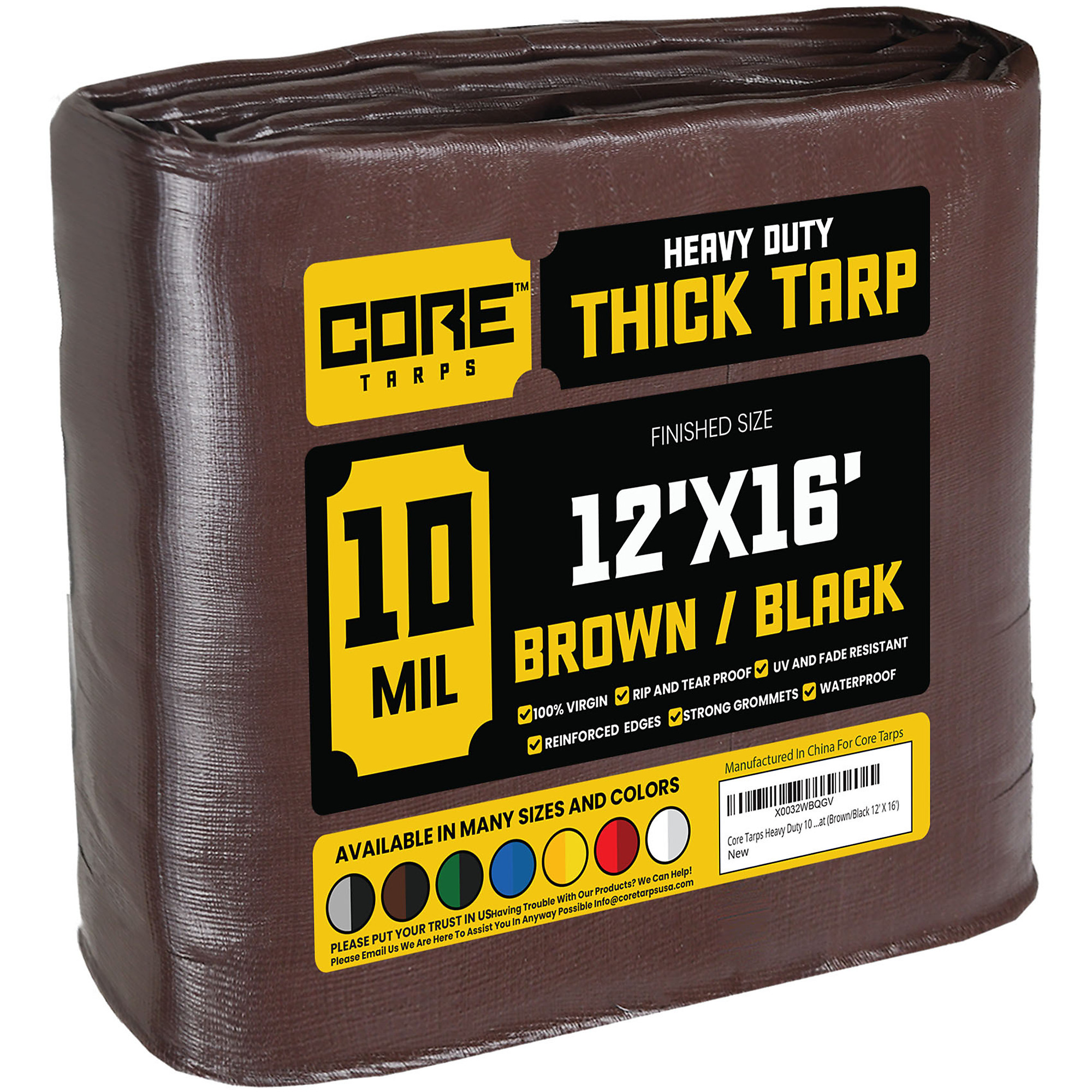 Core Tarps Heavy Duty Poly Tarpaulin — 12ft. x 16ft., 10 Mil, Waterproof, UV Resistant, Rip and Tear Proof, Reinforced Edges, Brown/Black, Model# CT-602-12X16